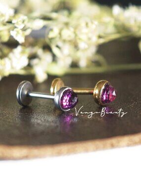 Titanium Threadless 18G Rose Cut Genuine Gem African Amethyst Flat Back Handmade